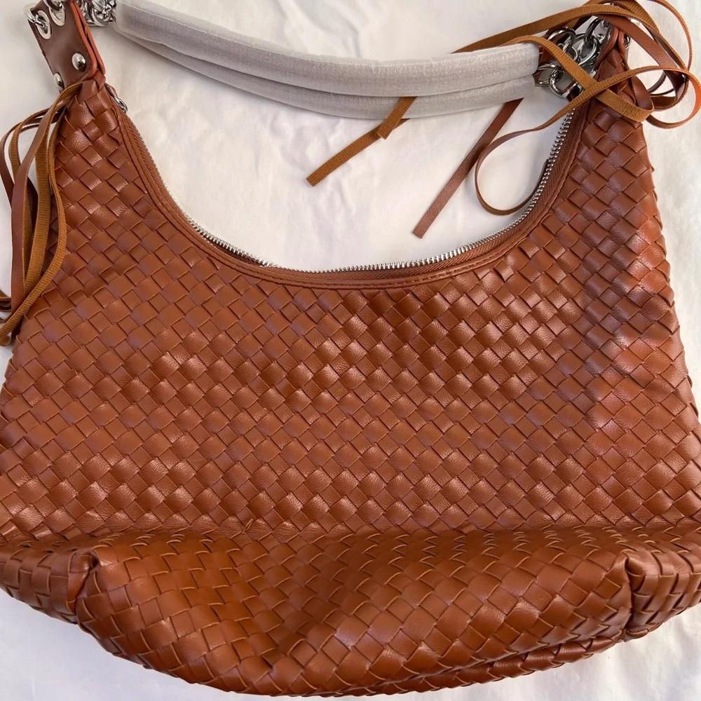 Vegan Leather NEW Woven Hobo Bag with‎ Chain Strap and Tassels Zip Closure Brown